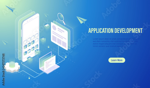 Mobile Application Development and UI UX design layout on screen, programmer coding, software building by computer laptop and smartphone concept Vector.