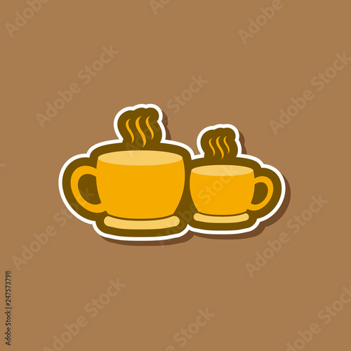 paper sticker on stylish background cups hot coffee