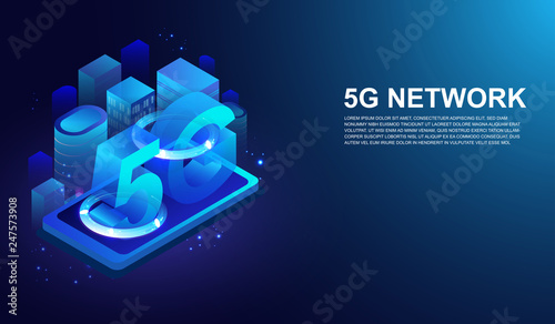 Isometric 5G network wireless systems on smartphone and next generation of internet vector.
