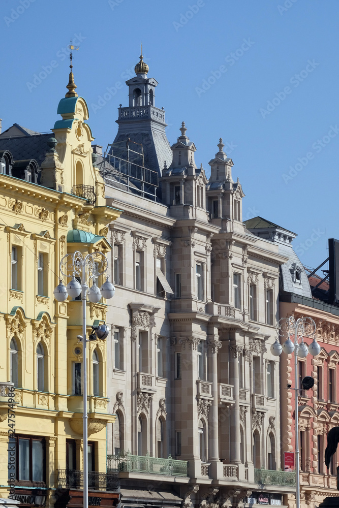 Facade of the old city buildings on Ban Jelacic Square in Zagreb, Croatia 