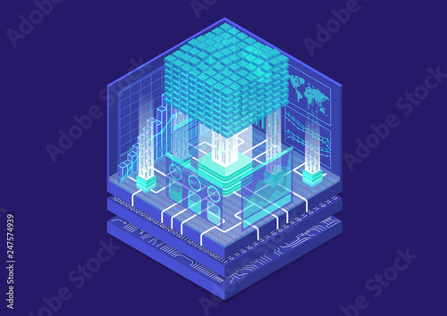 Big data and analytics concept with digital data cube and as isometric vector illustration	