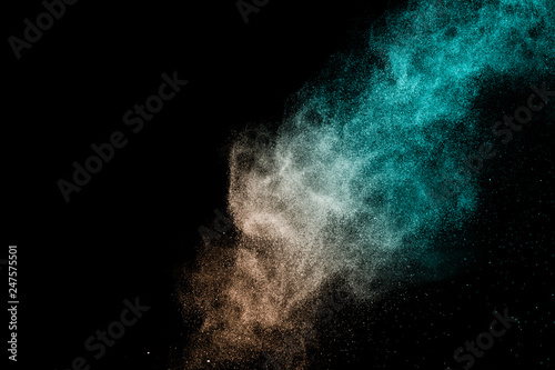 living Coral Color powder effect splash for makeup artist or graphic design in black background