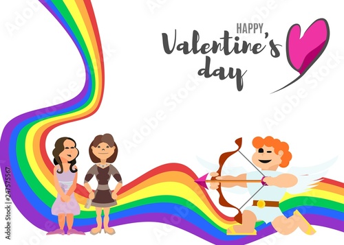 poster with a rainbow for lovers day with women and cupid
