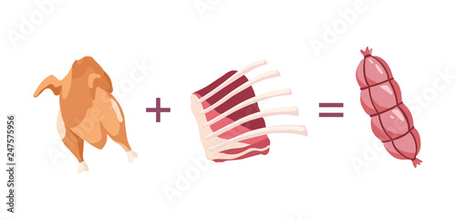 Sausage recipe. Chicken, pork and beef sausage. Vector illustaration.