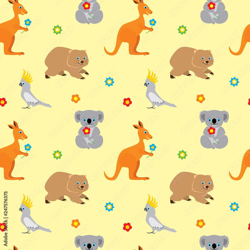 pattern with cute cartoon australian animals. Kangaroo, koala bear, parrot cockatoo, wombat. Vector illustration in childrens Stock Vector | Adobe Stock