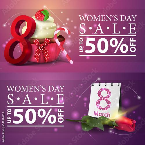 Women's day discount banners with cupcake, raspberry berries, rose and calendar