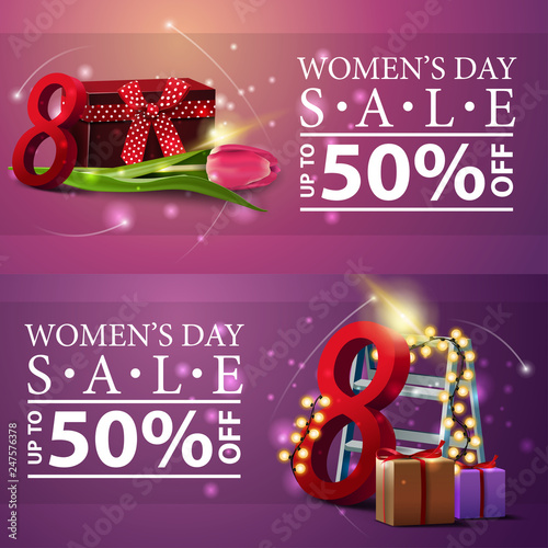 Women's day discount banners with gifts, Tulip and garland