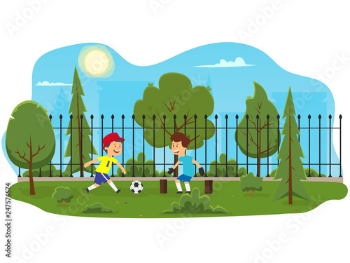two boys play football in the park among the trees.