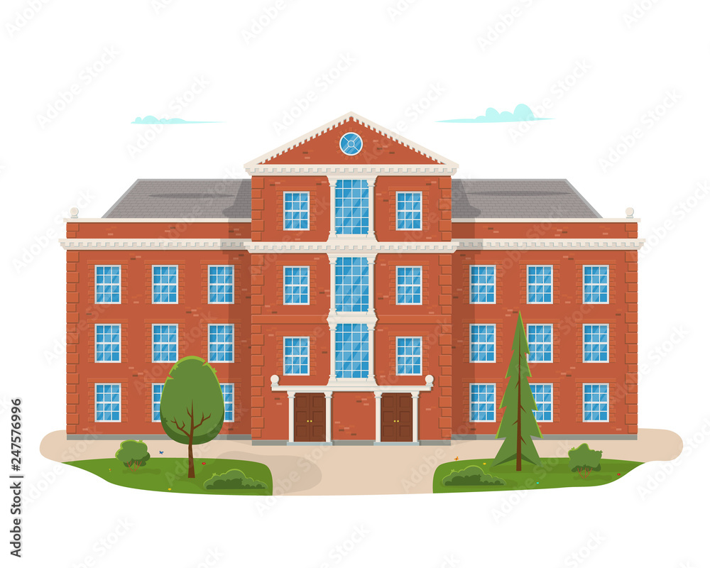 School building with the street. University modern concept illustration