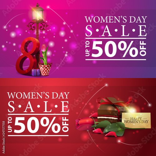 Women's day discount banners with candy, rose and tulip in a bucket under a lantern
