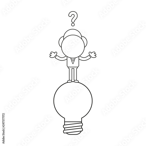 Vector confused businessman character standing on light bulb. Black outline.