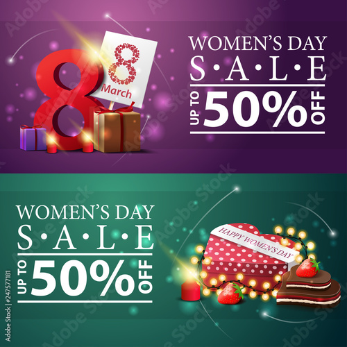 Women's day discount banners with gifts with the number eight and gift in the shape of a heart
