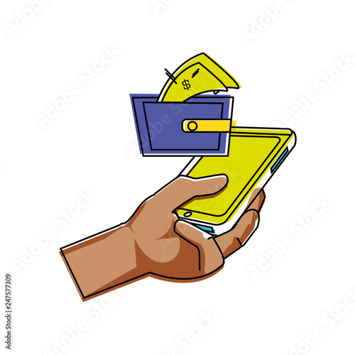 hand using smartphone with wallet and bills