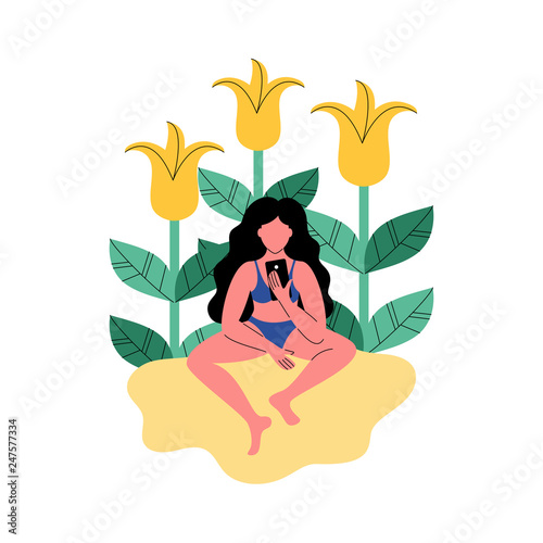 A woman on the beach uses a smartphone. Vector illustration.
