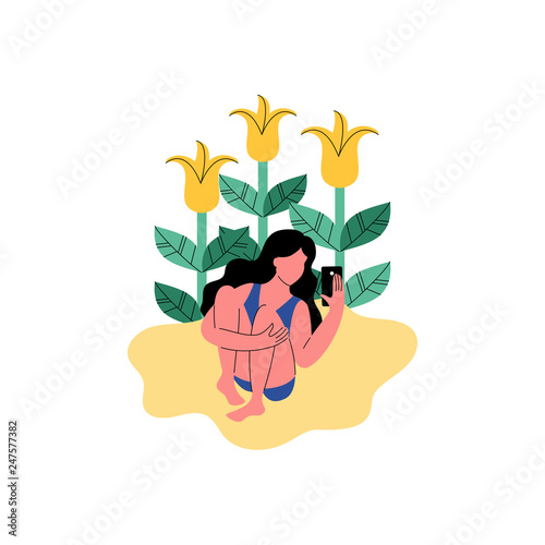 A woman on the beach uses a smartphone. Vector illustration.