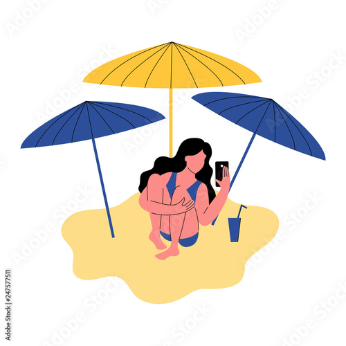 A woman on the beach uses a smartphone. Vector illustration.