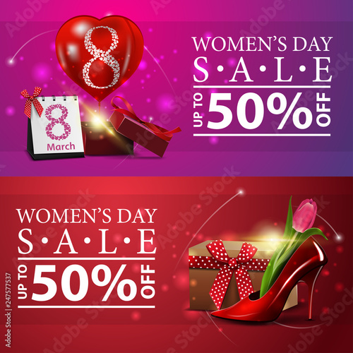 Women's day discount banners with gift, balloon and women's Shoe with tulips inside