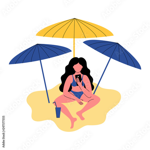 A woman on the beach uses a smartphone. Vector illustration.