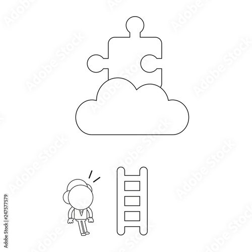 Vector businessman character with short wooden ladder and looking missing puzzle piece on cloud. Black outline.