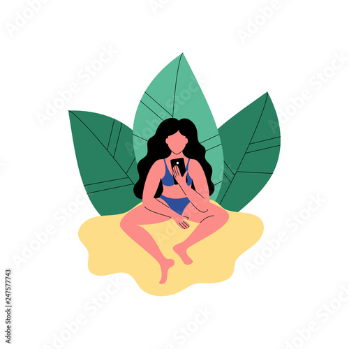 A woman on the beach uses a smartphone. Vector illustration.