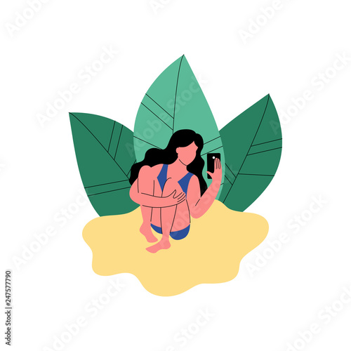 A woman on the beach uses a smartphone. Vector illustration.