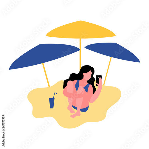 A woman on the beach uses a smartphone. Vector illustration.