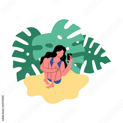 A woman on the beach uses a smartphone. Vector illustration.