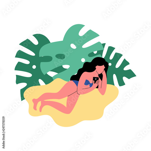 A woman on the beach uses a smartphone. Vector illustration.