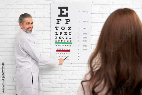 Ophtalmologist pointing at test eye chart. photo