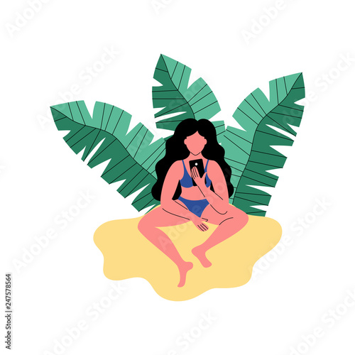 A woman on the beach uses a smartphone. Vector illustration.
