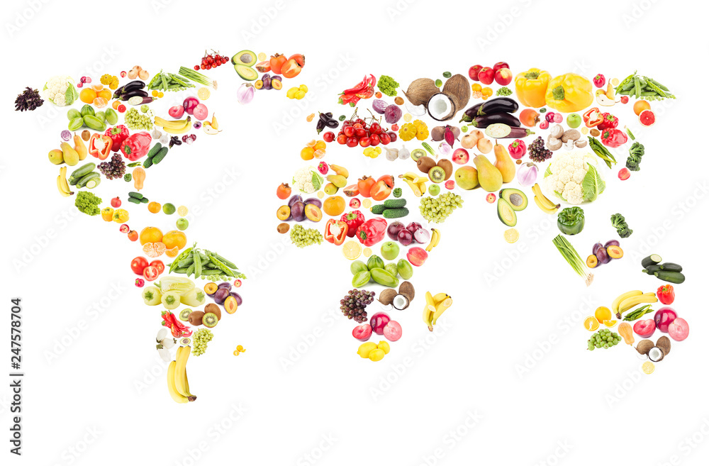 World map from different fresh fruits and vegetables, isolated