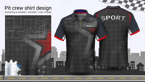 Polo t-shirt with zipper, Racing uniforms mockup template for Active wear and Sports clothing, such as, Racing apparel, Karting, Pit crew, Mechanic overalls, Everything is editable and Color change.