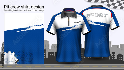 Polo t-shirt with zipper, Racing uniforms mockup template for Active wear and Sports clothing, such as, Racing apparel, Karting, Pit crew, Mechanic overalls, Everything is editable and Color change.