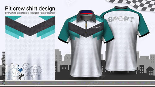 Polo t-shirt with zipper, Racing uniforms mockup template for Active wear and Sports clothing, such as, Racing apparel, Karting, Pit crew, Mechanic overalls, Everything is editable and Color change.