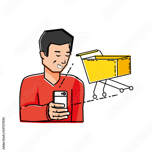 young man using smartphone with shopping basket