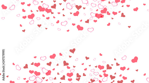 A sample of wallpaper design, textiles, packaging, printing, holiday invitation for wedding. Red on White fond Vector. Happy background. Red hearts of confetti are falling.