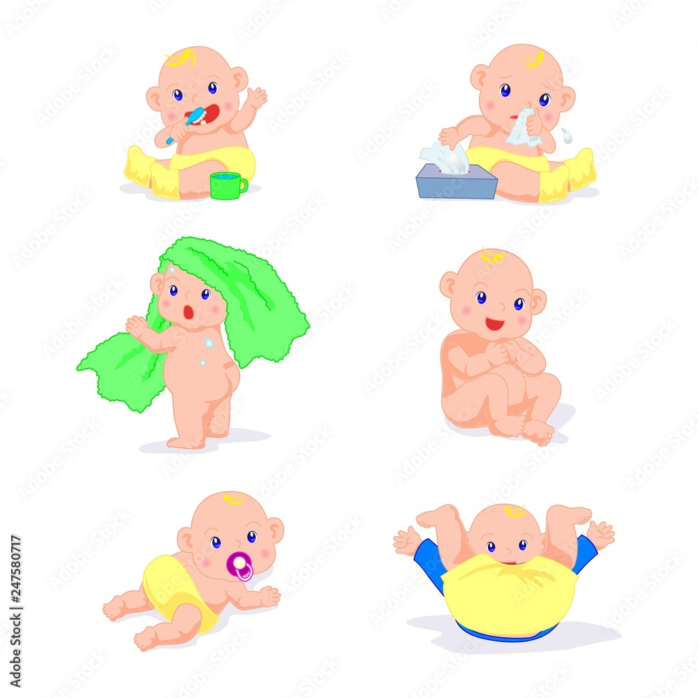 Little baby in everyday life set. Cute little boy cartoon Little baby in everyday life set. Cute little boy cartoon