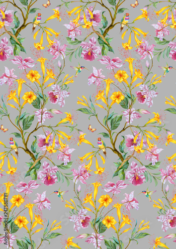 Exotic flowers, birds and butterflies. Seamless background pattern version 5