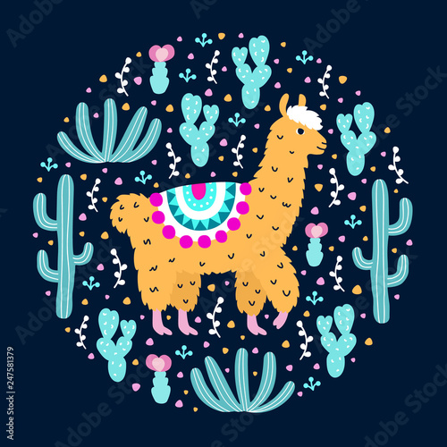 Ornamental design pattern. Cute hand drawn lama on the floral cactus background. Animalistic childish print for textile, paper, kids clothes and bed linen. EPS 10 vector colorful illustration