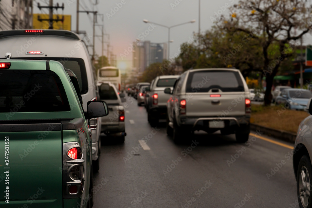 Cars break on the road traffic jam in the junction at city. Cars break on the road traffic jam in the junction at city.