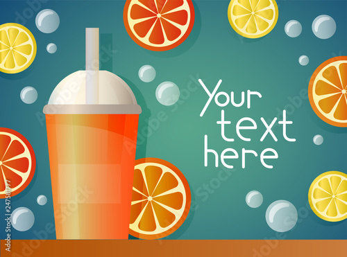 Bright banner with cup of juice or milk shake with free place for your text -