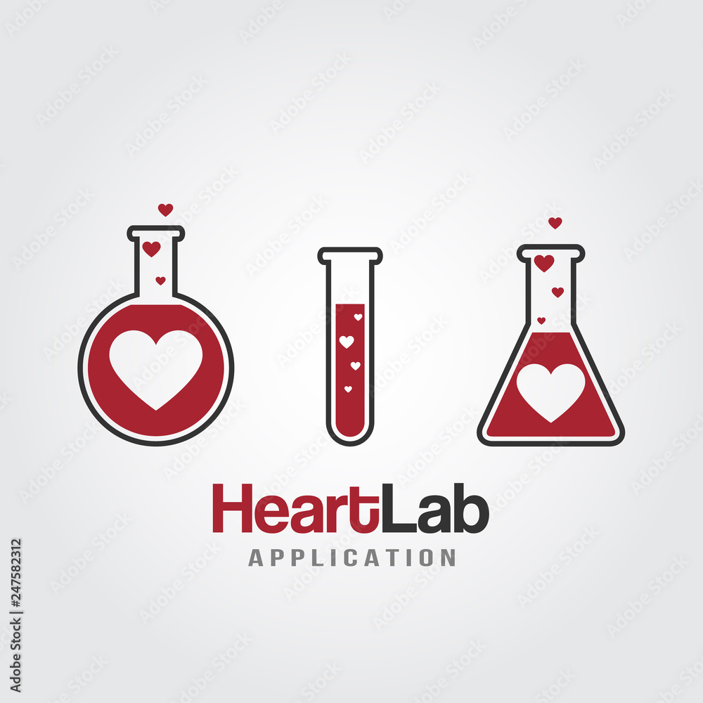 Love lab logo template. Flask with hearts icon in flat style isolated on white background. Love Chemistry concept for Happy Valentines Day. Love lab logo template. Flask with hearts icon in flat style isolated on white background. Love Chemistry concept for Happy Valentines Day.