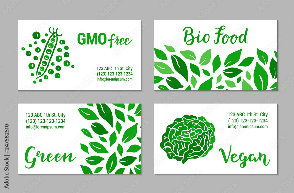 Green visit cards with salad leaves pattern, cabbage and peas. GMO free, Bio food, Vegan lettering text. Colourful template collection. Plant-based concept. Vector EPS 10 illustration