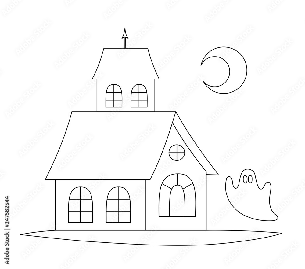 Haunted house with the ghost. Line art for coloring book. Vector coloring page.
