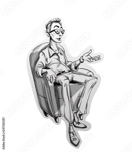 Journalist man sitting on a chair Vector sketch. Storyboard cartoon character...