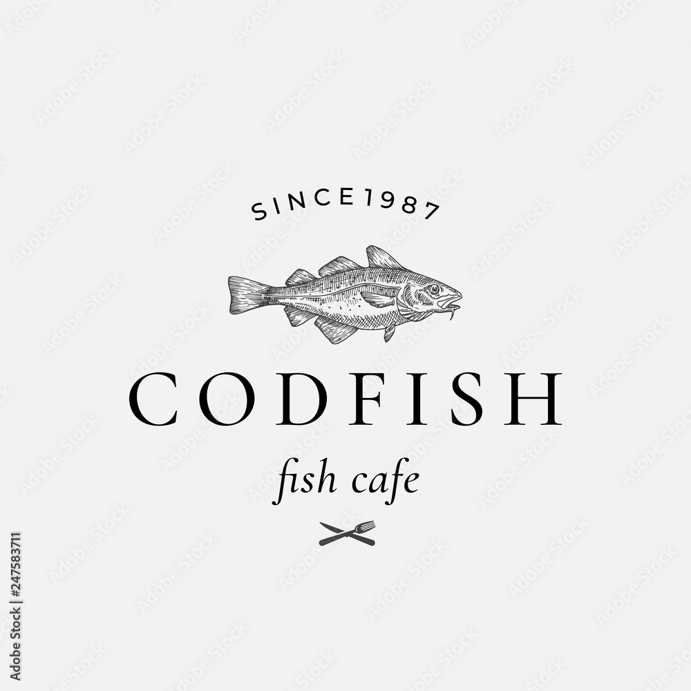 Codfish Abstract Vector Sign, Symbol or Logo Template. Hand Drawn Cod Fish with Classy Retro Typography. Fork and Knife Icon. Vintage Vector Emblem.