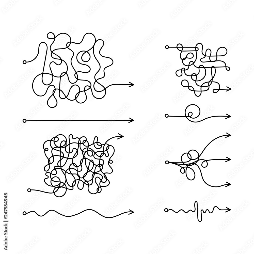 Set of messy line like hard and easy way. Flat linear. Art graphic random quiz design ball