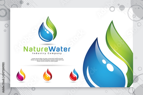 nature water drop vector logo design with modern style color concept, symbol illustration fresh leaf and water for technology and energy industry company.