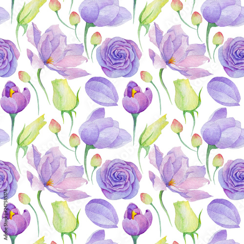 seamless pattern with watercolor violet flowers