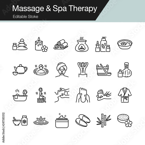 Massage and Spa Therapy icons. Modern line design. For presentation, graphic design, mobile application, web design, infographics, UI. Editable Stroke.